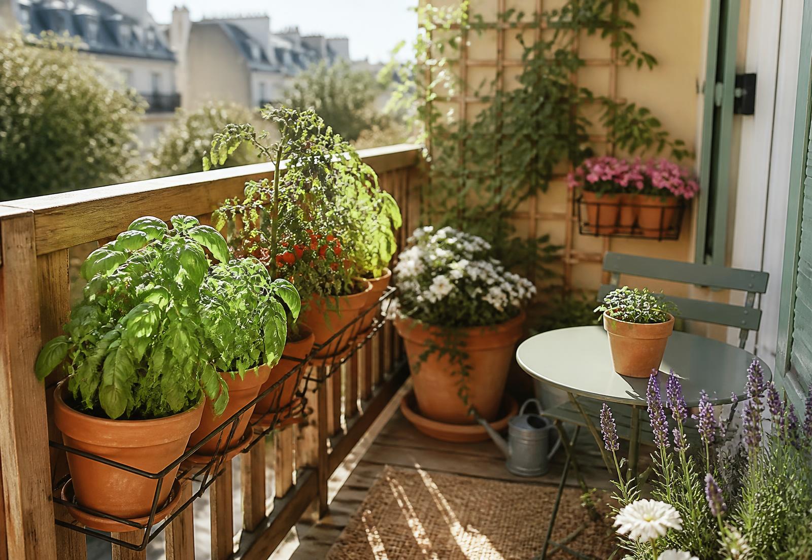 Small balcony with terracotta pots of basil, tomatoes and flowers in morning sun