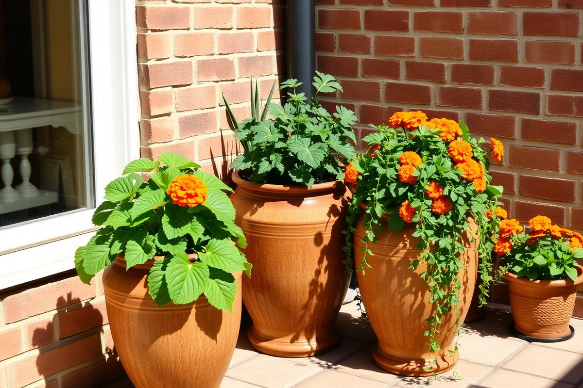 Large glazed patio pots planted with vegetables and marigolds beside a brick wall