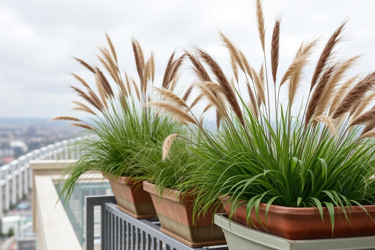 Ornamental grasses in railing planters moving in the wind on a high balcony